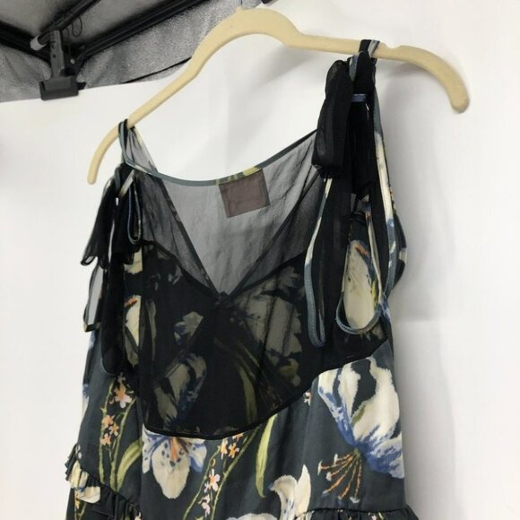 Cinq a sept (5 a 7) floral lily print black satin mesh  panel tie shoulders - Picture 4 of 13